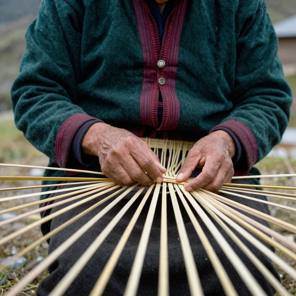 Close candid frame of hands weaving a traditional Tamang bamboo o