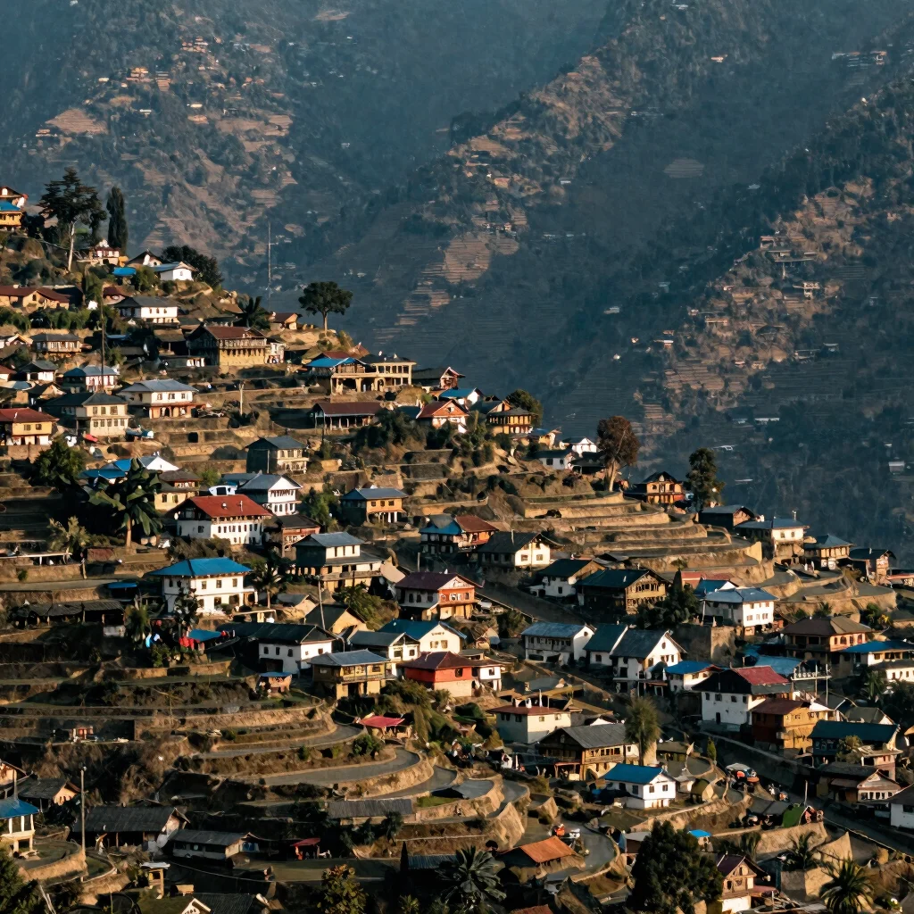 Wide environmental photograph of terraced hillsides and village h