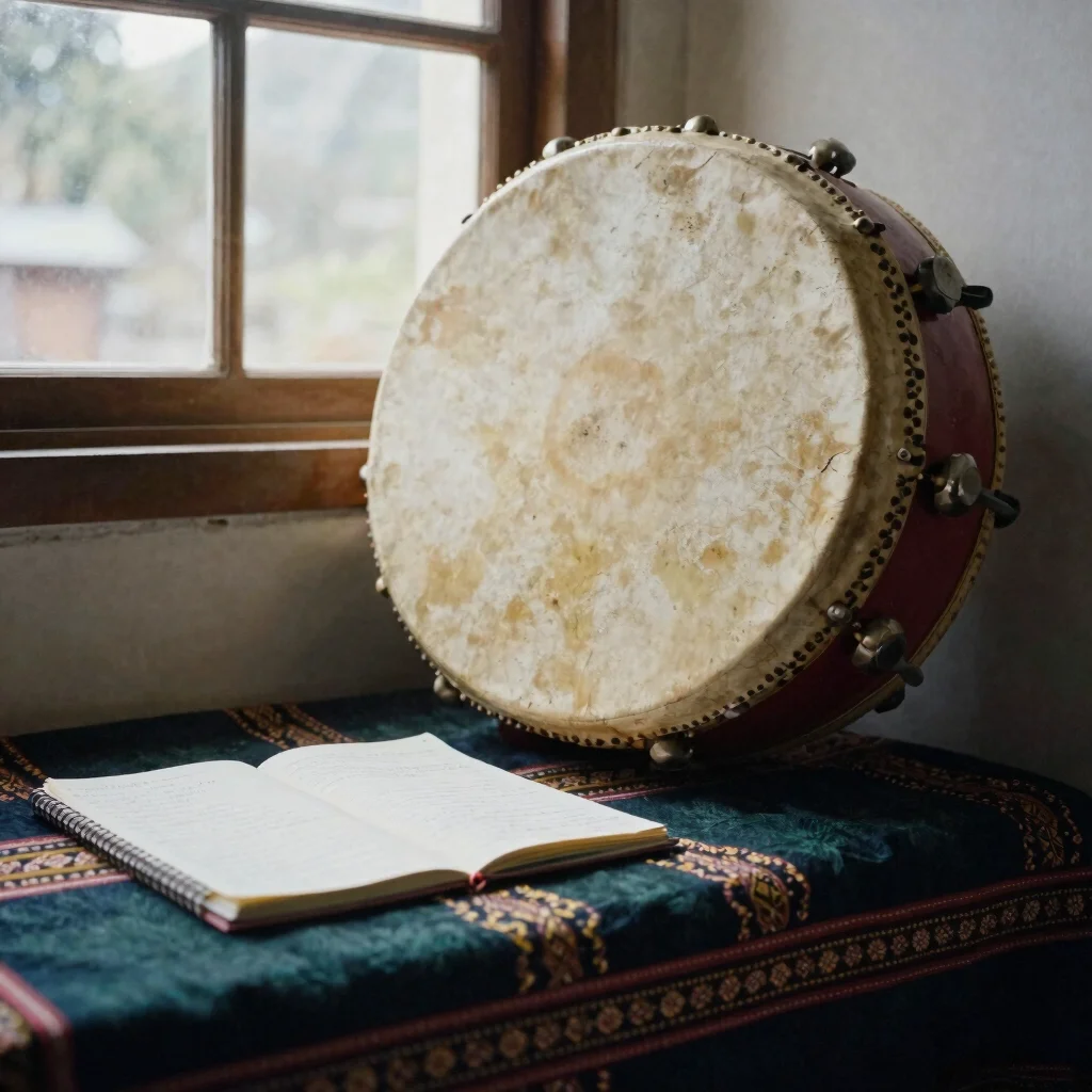 Close still life of a Damphu drum with traditional Tamang cloth a
