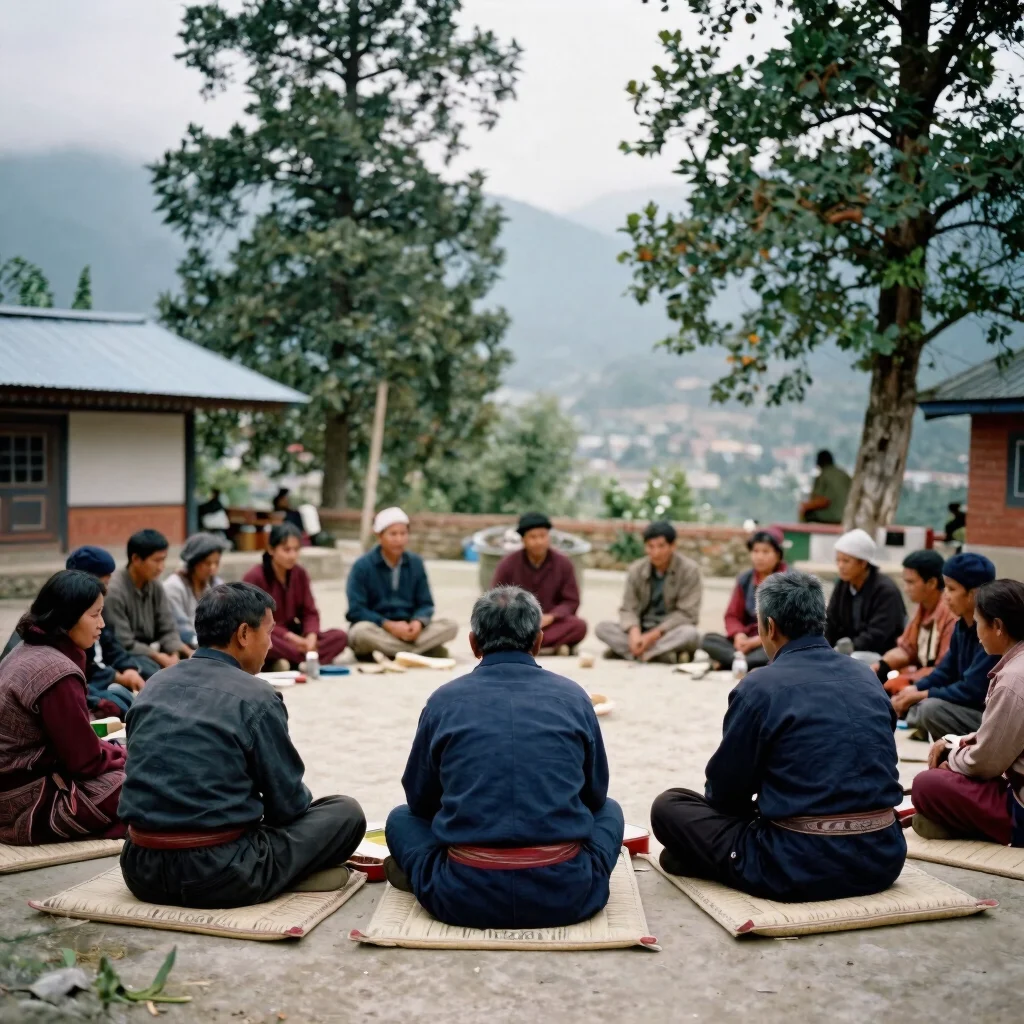 Documentary photograph in natural Himalayan daylight of a communi
